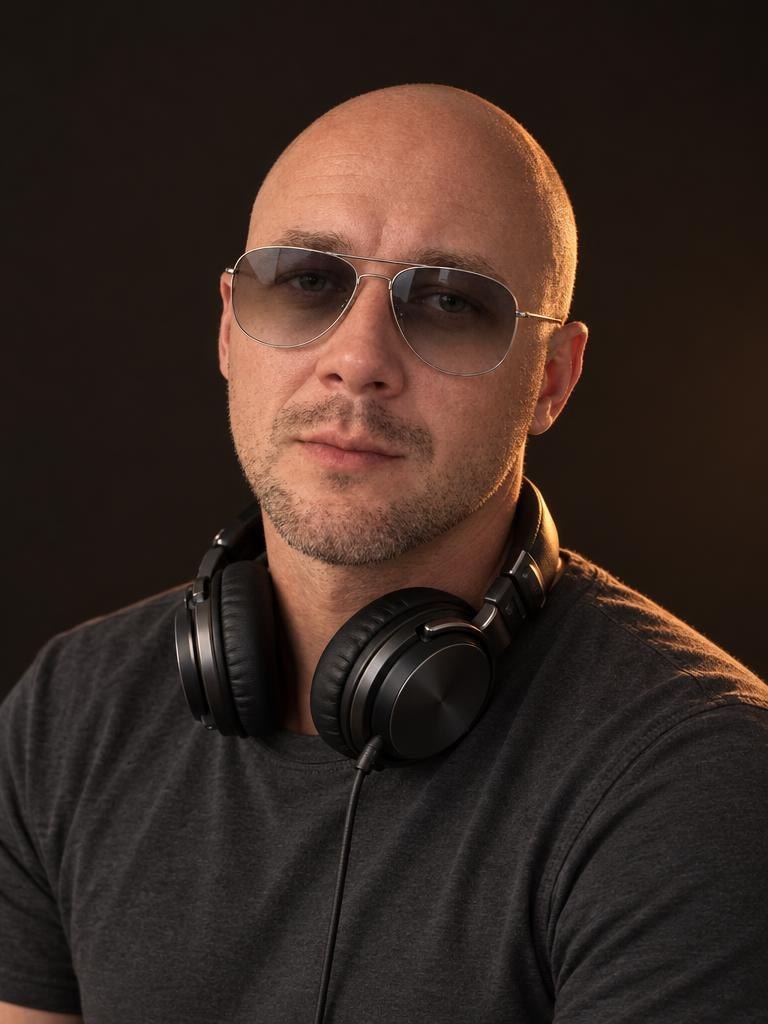 Studio portrait of Stilbon with aviator sunglasses and headphones, warm light on a dark backdrop
