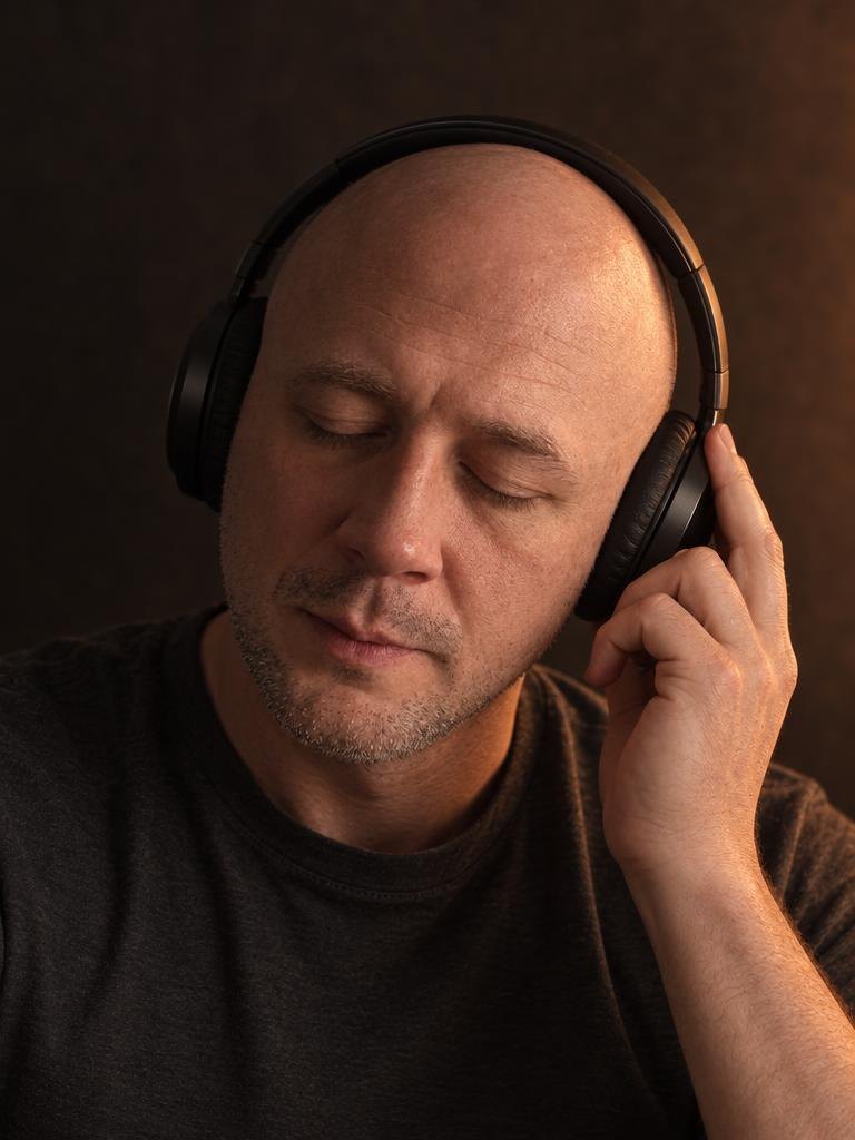 Stilbon with eyes closed, headphones on, listening